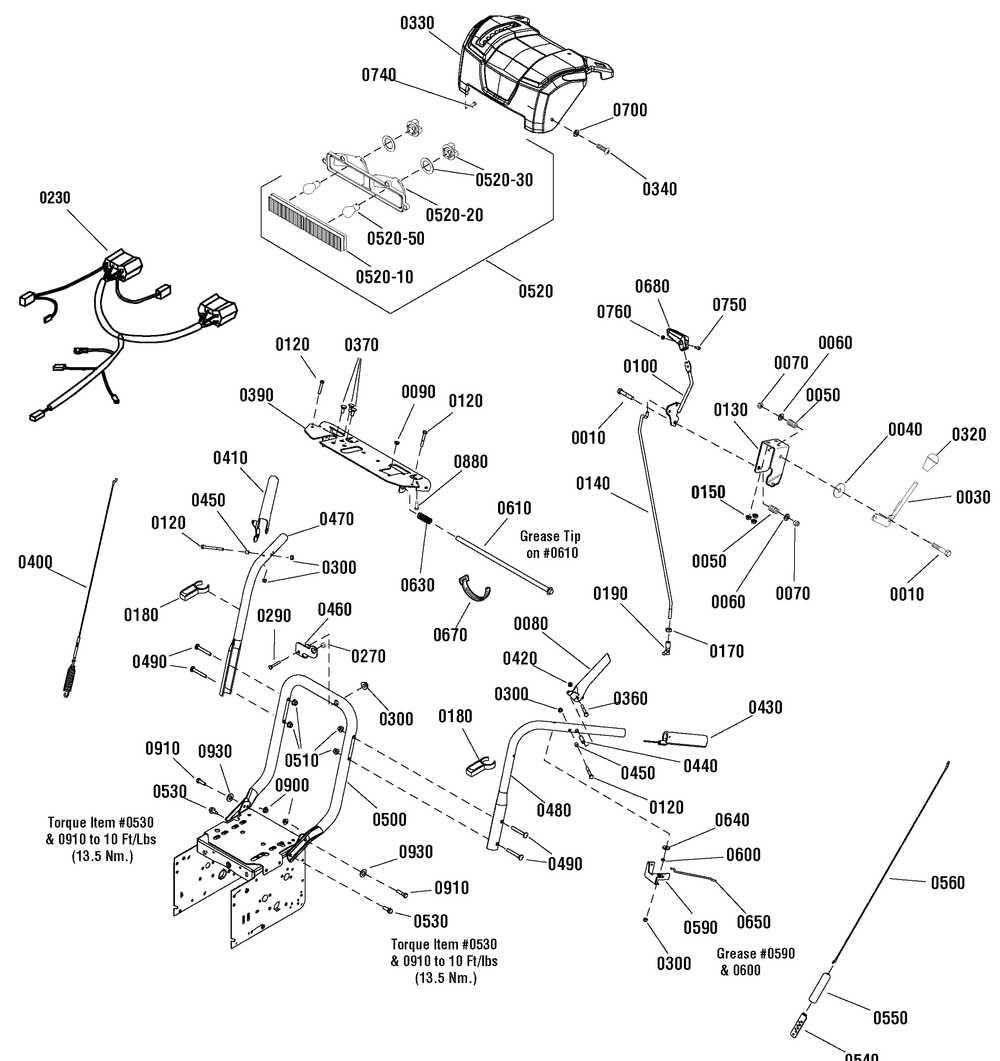 Handles And Controls Group Diagram and Parts List for 1695943 2010 Briggs and Stratton Snow Blower